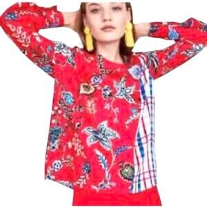 Zara Red Blue Multi Floral Paisley Bird Patchwork Blouse Top Size Large